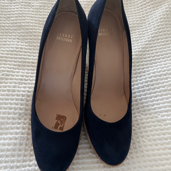 Stuart Weitzman Corkswoon Wedges Navy Suede Like New 9.5 - Picture 8 of 16